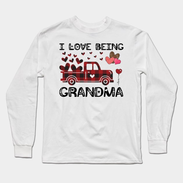 I Love Being Grandma Red Plaid Truck Hearts Valentine's Day Long Sleeve T-Shirt by DragonTees